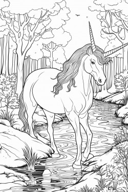unicorn drinking from a stream in a forest