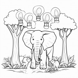 light bulbs in a forest with an elephant