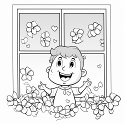 a funny scene where a pet has accidentally broken a window there should also be four leaf clovers in the drawing