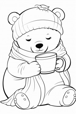 think outline cartoon style bear in pajamas and a sleeping cap drinks tea with honey