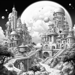 bulidings mixed with saturn and stars that bring nostalga