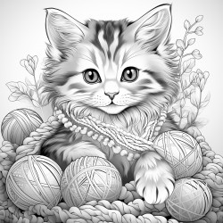 cute cat playing with a ball of yarn with intricate patterns all over the image with no shading