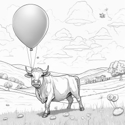 a cow in a field it is her birthday and she has an orange cupcake there is a tornado in the background throwing a hay bale a ufo is picking up a cow with a yellow balloon