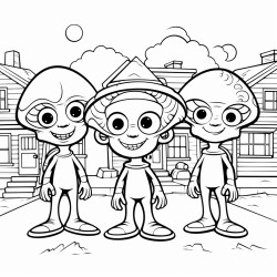 a group of aliens standing in the middle of a street