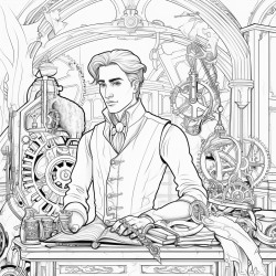a vampire with a mechanical arm dressed in victorian clothing in a steampunk workshop surrounded by gears