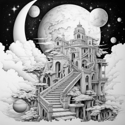 una escalera hacia un cielo estrellado