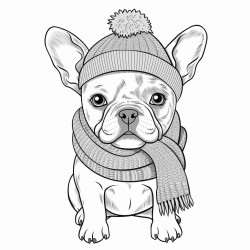 grey angrey and white french bulldog puppy with a grey and pink woolen hat and a pink woolen collar