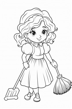 cute dwarf woman clean the dust with a feather duster