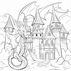fantasy town with a castle and a dragon