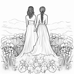 the backs of two brides in a field of flowers