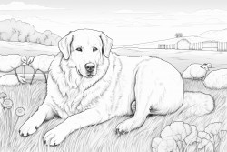 great pyrenees resting in a field with sheep