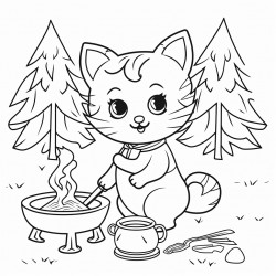 a cat cooking in the forest