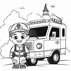 a friendly looking emt with his ambulance and a spooky halloween background