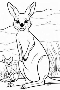 a hopping kangaroo with a pouch showing a baby kangaroo joey peeking out