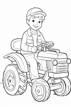 little boy wearing overalls riding a tractor on a farm