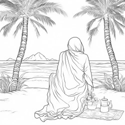 view of muslim lady from behind sitting under a palm tree