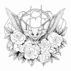 tattoo style bat surrounded by peonies