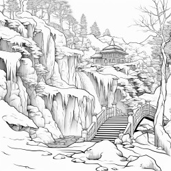 a phnix in a beautiful snow landscape with a waterfall