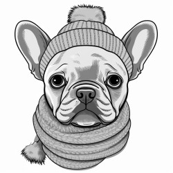 grey angrey and white french bulldog puppy with a grey and pink woolen hat and a pink woolen collar
