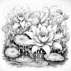 gothic flowers raining into pond with frog and water lily and fireflies