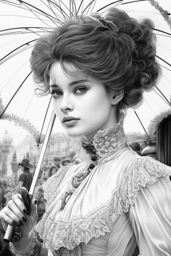 a victorian woman in a walking dress with a parasol