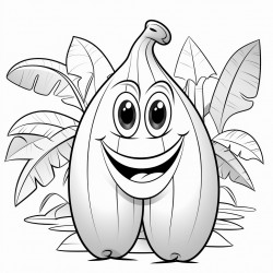 cartoon character of a banana with a face in a garden