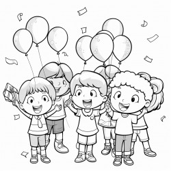 a classroom of happy students with candy and balloons