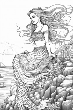 a mermaid sitting on a rock in the ocean