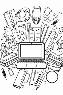 technological equipment collage laptops ipads genius symbol thinking pencils ruler scissors glue paper books light bulb