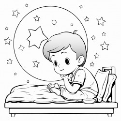 a little boy kneeled down by his bed praying and there is a window over his bed with the moon and stars outside