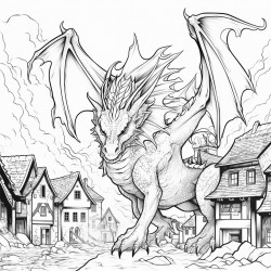dragon setting a village on fire