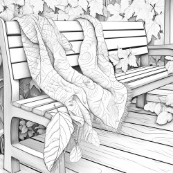 a cozy detailed scarf design with different types of leaves woven into its pattern draped over a wooden bench