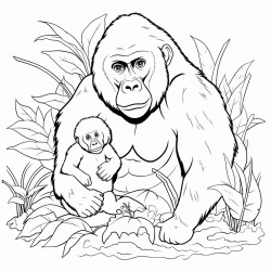 mountain gorilla  a mountain gorilla sitting under a tree cradling a baby gorilla with large leaves around them