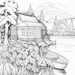 house on lake with flowers