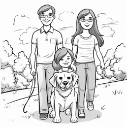 create a coloring page of a little girl with pigtail braids and glasses with her mom and dad and dog that is a beagle