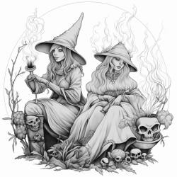black witches lighting herbs and smoking full body with creepy background