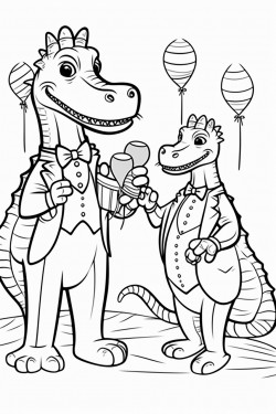 a dancing alligator holding balloons beside a dancing zebra at a tea party in a simple coloring book style