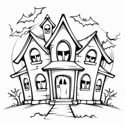 a spooky but not too scary haunted house with bats flying around and a ghost peeking out of a window