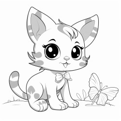 kitten playing with butterfly no color no shading thick lines