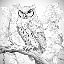 coloring page owl perched on a tree branch with leaves around no shading high details thick lines