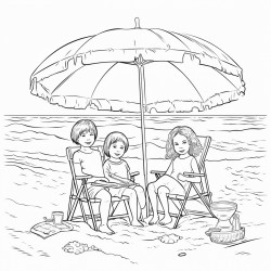 kids at the beach with their supplies by their chair under a umbrella