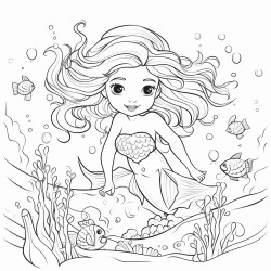 bolt and simpel black and wite coloring page of cute mermaid sarounded by sea creachers and seashells clipart style