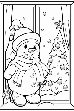 christmas snowman outside the window and behind the christmas tree