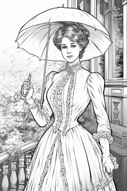 a victorian woman in a walking dress with a parasol