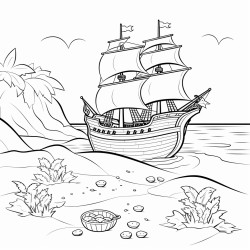 treasure in a beach with pirate boats sailing in a lake behind
