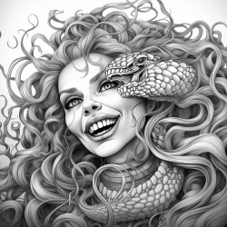 medusa putting on lipstick and smiling devilishly