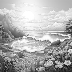 sunrise over ocean and mountains
