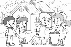 kids cleaning up school and village