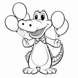 an alligator holding balloons