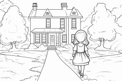 a little girl wearing a dress standing near a house with a garden path leading to the woods